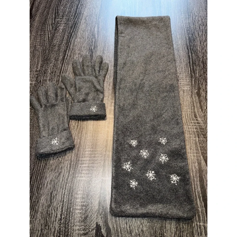 Girls Winter Scarf and Gloves Set Charcoal Gray Snowflake Embroidered Fleece